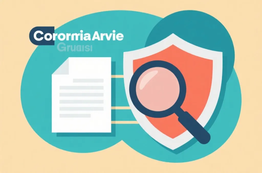 合规审查示意图,显示文件、盾牌与放大镜